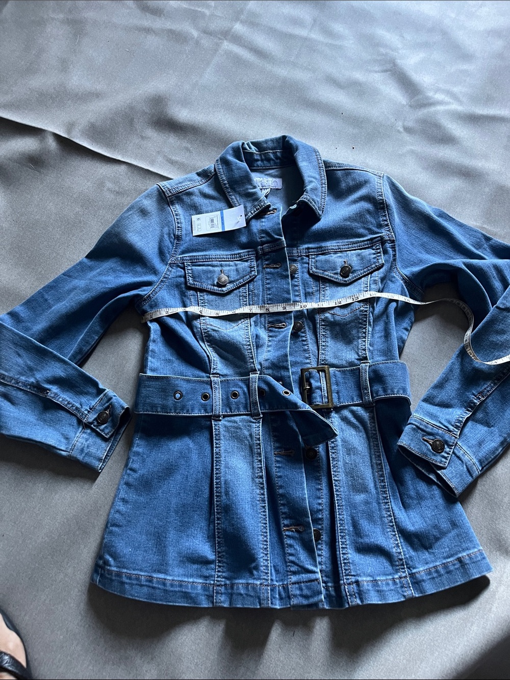 Women's Belted Blue Denim Jacket with Waist Tie